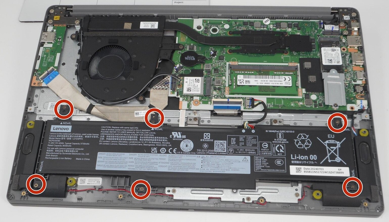 Internal Photo of Lenovo IdeaPad 1-15ADA7, 1-15ALC7, 1-15IAU7, 1-15IJL7, 1-15IRU7, gray backlit F10 lock US keyboard (IdeaPad 1-15ALC7)